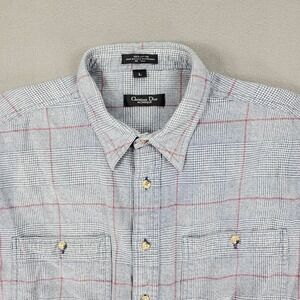 Vintage Christian Dior Plaid Flannel Size‎ Large Gray Grid Cotton USA Made